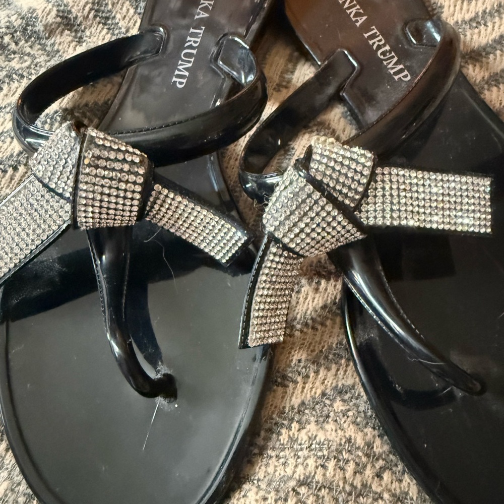 Ivanka Trump Black Rhinestone Bow Thong Sandals